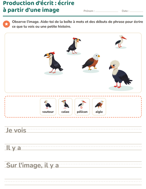 Aperçu de la fiche Production d'écrit avec Oiseaux pour CE1 (cours élémentaire 1)