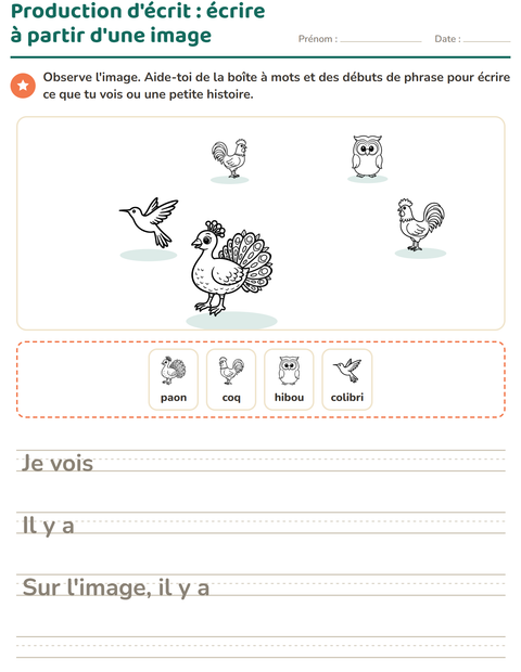 Aperçu de la fiche Production d'écrit avec Oiseaux N&B 2 pour CE1 (cours élémentaire 1)