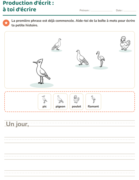 Aperçu de la fiche Production d'écrit avec Oiseaux N&B pour CE1 (cours élémentaire 1)