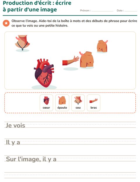 Aperçu de la fiche Production d'écrit avec Parties du corps pour CE1 (cours élémentaire 1)