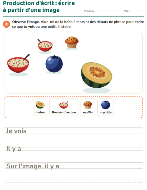 Aperçu de la fiche Production d'écrit avec Petit-déjeuner pour CE1 (cours élémentaire 1)