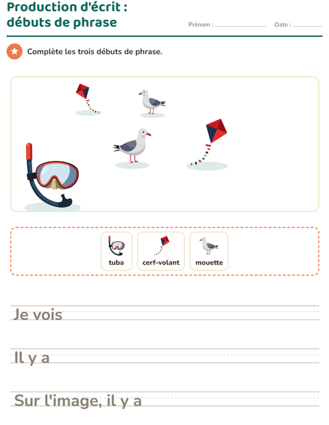 Aperçu de la fiche Production d'écrit avec Plage pour CE1 (cours élémentaire 1)