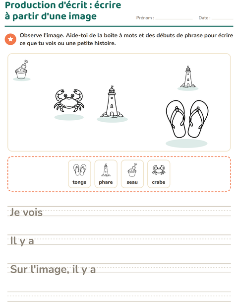 Aperçu de la fiche Production d'écrit avec Plage NB pour CE1 (cours élémentaire 1)