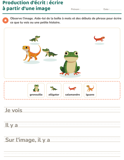 Aperçu de la fiche Production d'écrit avec Reptiles et amphibiens pour CE1 (cours élémentaire 1)