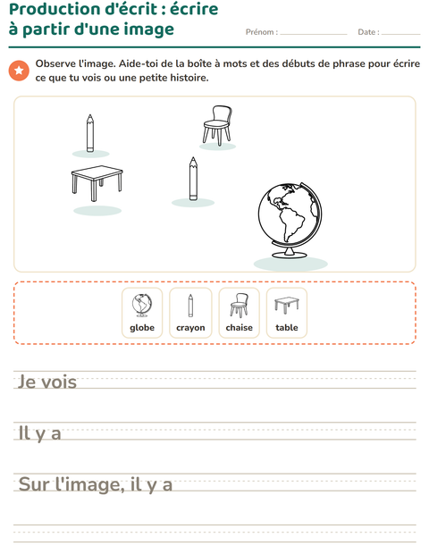 Aperçu de la fiche Production d'écrit avec Salle de classe 2 (N&B) pour CE1 (cours élémentaire 1)
