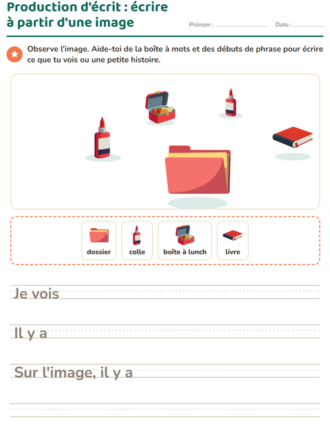 Aperçu de la fiche Production d'écrit avec Salle de classe pour CE1 (cours élémentaire 1)