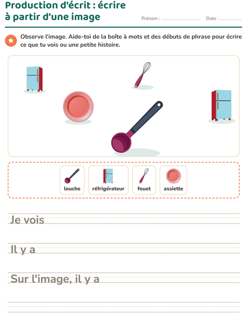 Aperçu de la fiche Production d'écrit avec Ustensiles de cuisine pour CE1 (cours élémentaire 1)