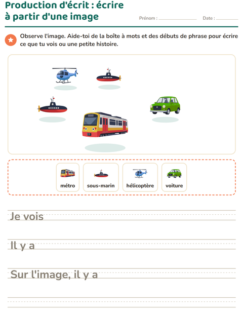 Aperçu de la fiche Production d'écrit avec Véhicules pour CE1 (cours élémentaire 1)