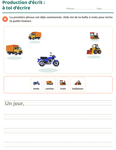 Aperçu de la fiche Production d'écrit avec Véhicules pour CE1 (cours élémentaire 1)