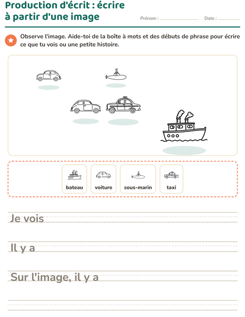Aperçu de la fiche Production d'écrit avec Véhicules NB 2 pour CE1 (cours élémentaire 1)