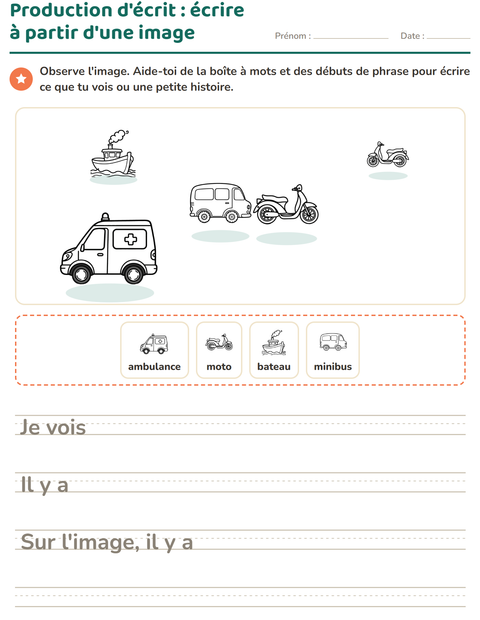 Aperçu de la fiche Production d'écrit avec Véhicules NB 3 pour CE1 (cours élémentaire 1)