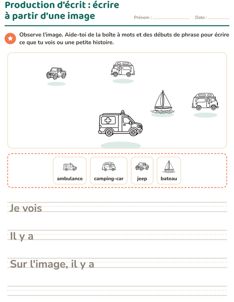 Aperçu de la fiche Production d'écrit avec Véhicules NB pour CE1 (cours élémentaire 1)