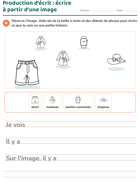 Aperçu de la fiche Production d'écrit avec Vêtements NB pour CE1 (cours élémentaire 1)