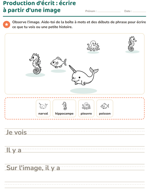 Aperçu de la fiche Production d'écrit avec Vie marine NB 2 pour CE1 (cours élémentaire 1)