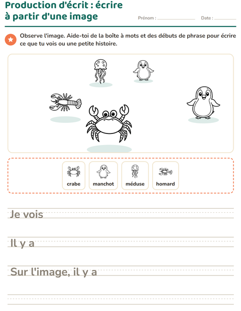 Aperçu de la fiche Production d'écrit avec Vie marine NB pour CE1 (cours élémentaire 1)