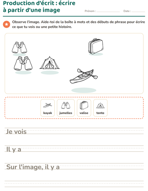 Aperçu de la fiche Production d'écrit avec Voyages et Vacances NB pour CE1 (cours élémentaire 1)
