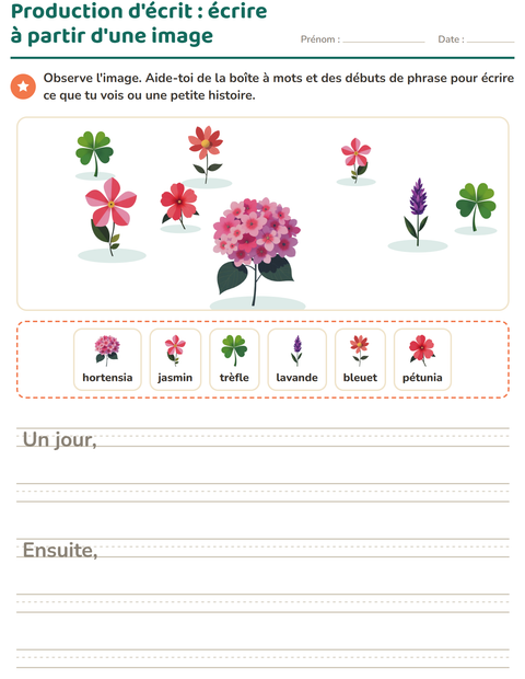Aperçu de la fiche Production d'écrit avec Fleurs pour CE1 (cours élémentaire 1)