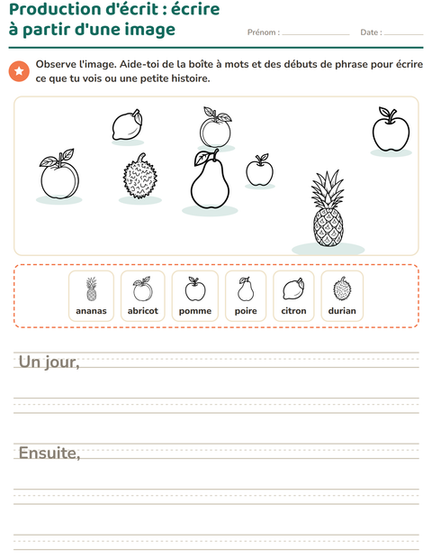 Aperçu de la fiche Production d'écrit avec Fruits NB pour CE1 (cours élémentaire 1)