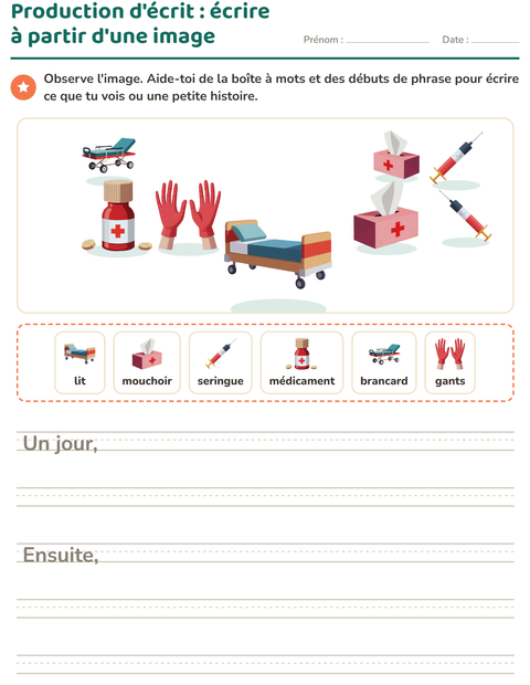 Aperçu de la fiche Production d'écrit avec Hôpital pour CE1 (cours élémentaire 1)
