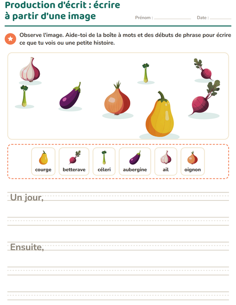 Aperçu de la fiche Production d'écrit avec Légumes pour CE1 (cours élémentaire 1)