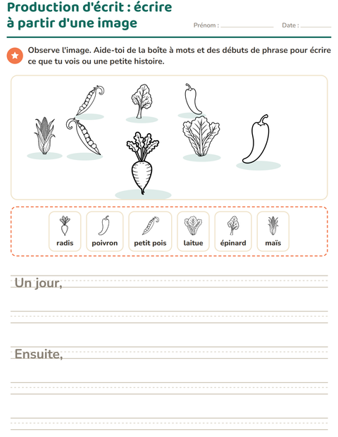 Aperçu de la fiche Production d'écrit avec Légumes NB 2 pour CE1 (cours élémentaire 1)
