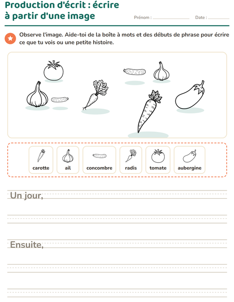 Aperçu de la fiche Production d'écrit avec Légumes NB pour CE1 (cours élémentaire 1)
