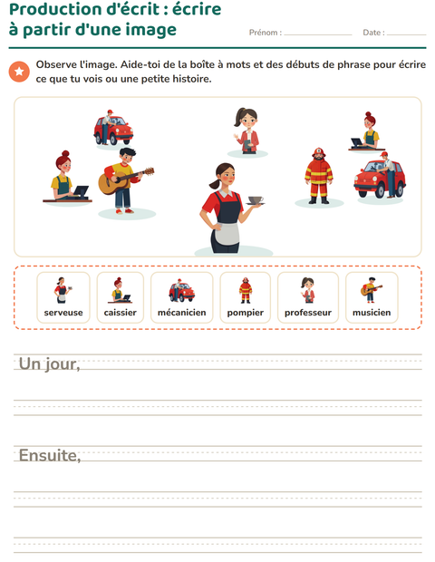 Aperçu de la fiche Production d'écrit avec Métiers pour CE1 (cours élémentaire 1)