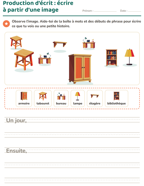 Aperçu de la fiche Production d'écrit avec Meubles pour CE1 (cours élémentaire 1)