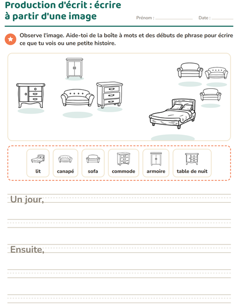 Aperçu de la fiche Production d'écrit avec Meubles NB pour CE1 (cours élémentaire 1)