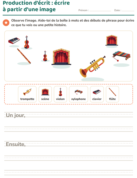 Aperçu de la fiche Production d'écrit avec Musique pour CE1 (cours élémentaire 1)