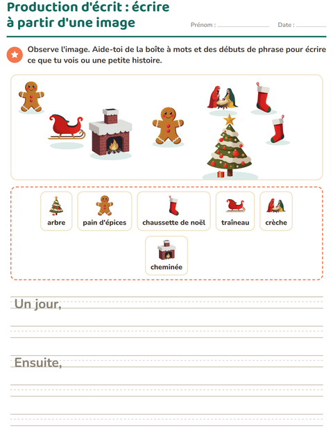 Aperçu de la fiche Production d'écrit avec Noël pour CE1 (cours élémentaire 1)