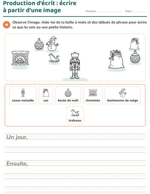 Aperçu de la fiche Production d'écrit avec Noël N&B 2 pour CE1 (cours élémentaire 1)