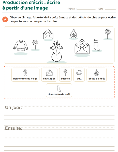 Aperçu de la fiche Production d'écrit avec Noël N&B pour CE1 (cours élémentaire 1)