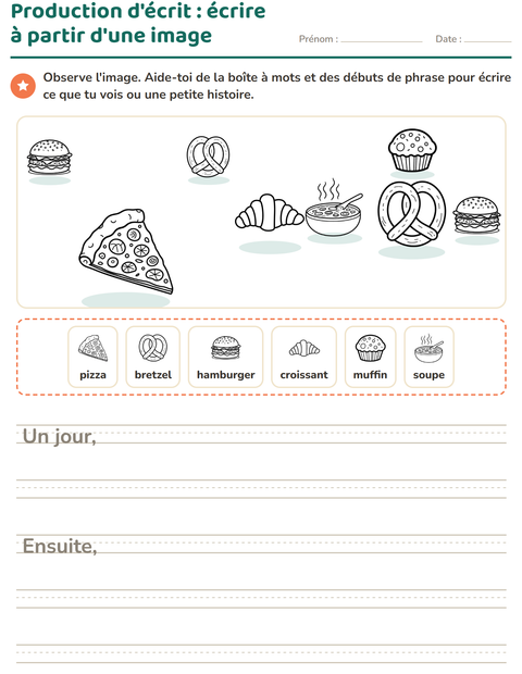 Aperçu de la fiche Production d'écrit avec Nourriture NB 2 pour CE1 (cours élémentaire 1)