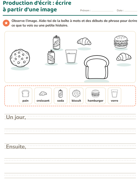 Aperçu de la fiche Production d'écrit avec Nourriture NB 3 pour CE1 (cours élémentaire 1)