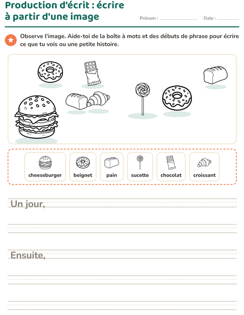 Aperçu de la fiche Production d'écrit avec Nourriture NB pour CE1 (cours élémentaire 1)
