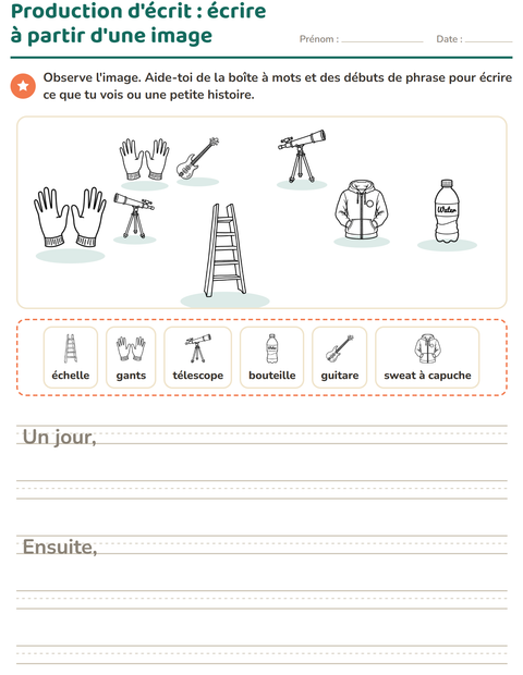 Aperçu de la fiche Production d'écrit avec Objets NB pour CE1 (cours élémentaire 1)