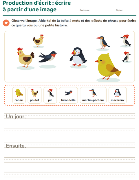 Aperçu de la fiche Production d'écrit avec Oiseaux 2 pour CE1 (cours élémentaire 1)