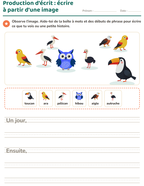 Aperçu de la fiche Production d'écrit avec Oiseaux pour CE1 (cours élémentaire 1)