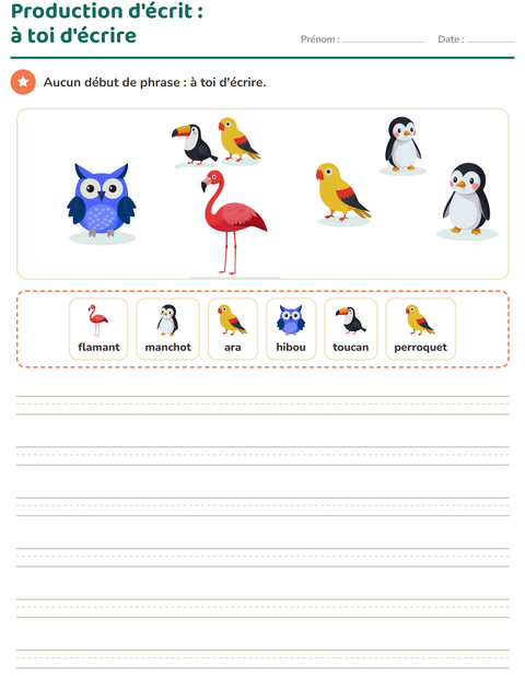 Aperçu de la fiche Production d'écrit avec Oiseaux pour CE1 (cours élémentaire 1)