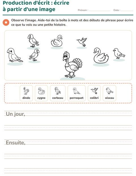 Aperçu de la fiche Production d'écrit avec Oiseaux N&B 2 pour CE1 (cours élémentaire 1)