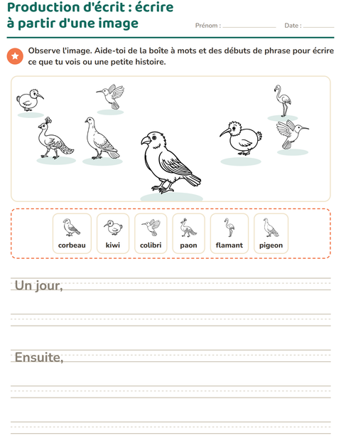 Aperçu de la fiche Production d'écrit avec Oiseaux N&B pour CE1 (cours élémentaire 1)