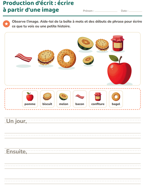 Aperçu de la fiche Production d'écrit avec Petit-déjeuner pour CE1 (cours élémentaire 1)