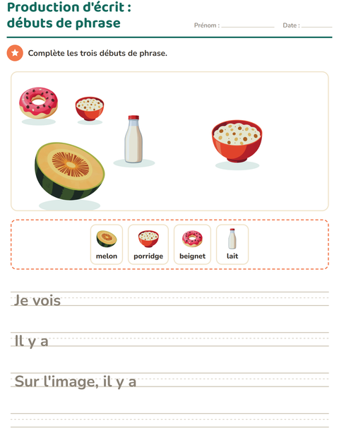 Aperçu de la fiche Production d'écrit avec Petit-déjeuner pour CE1 (cours élémentaire 1)