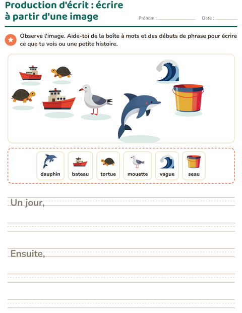 Aperçu de la fiche Production d'écrit avec Plage pour CE1 (cours élémentaire 1)