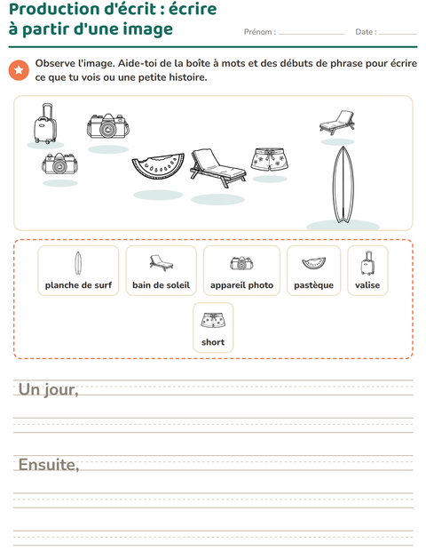 Aperçu de la fiche Production d'écrit avec Plage NB 2 pour CE1 (cours élémentaire 1)