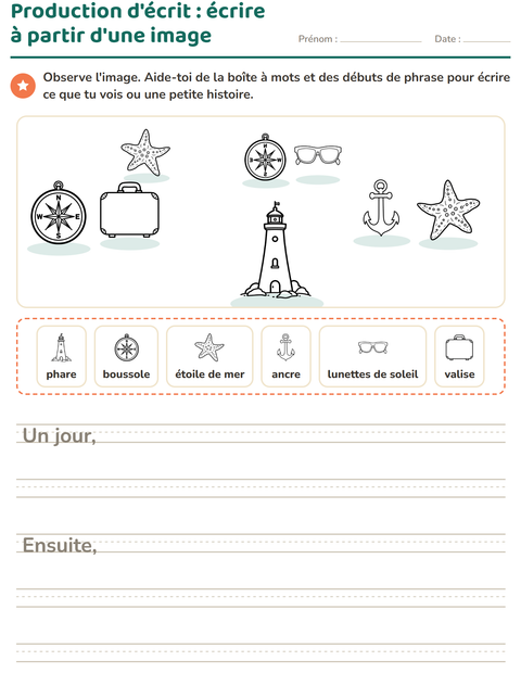 Aperçu de la fiche Production d'écrit avec Plage NB pour CE1 (cours élémentaire 1)