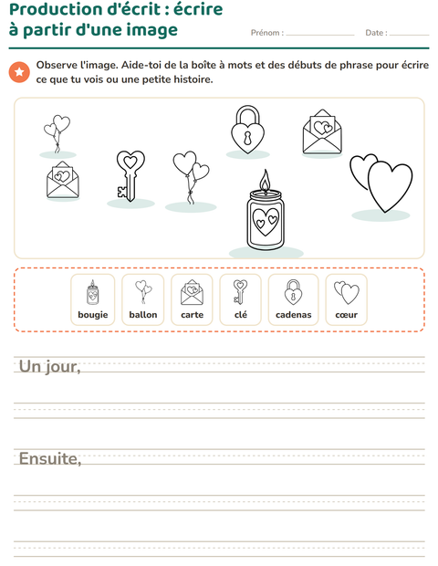 Aperçu de la fiche Production d'écrit avec Saint-Valentin NB pour CE1 (cours élémentaire 1)