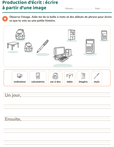 Aperçu de la fiche Production d'écrit avec Salle de classe 2 (N&B) pour CE1 (cours élémentaire 1)