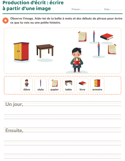 Aperçu de la fiche Production d'écrit avec Salle de classe pour CE1 (cours élémentaire 1)